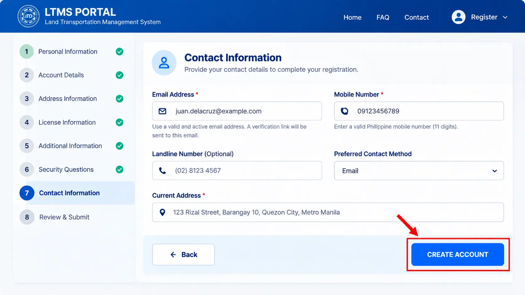 Illustrative LTMS registration form with Create Account button highlighted in red