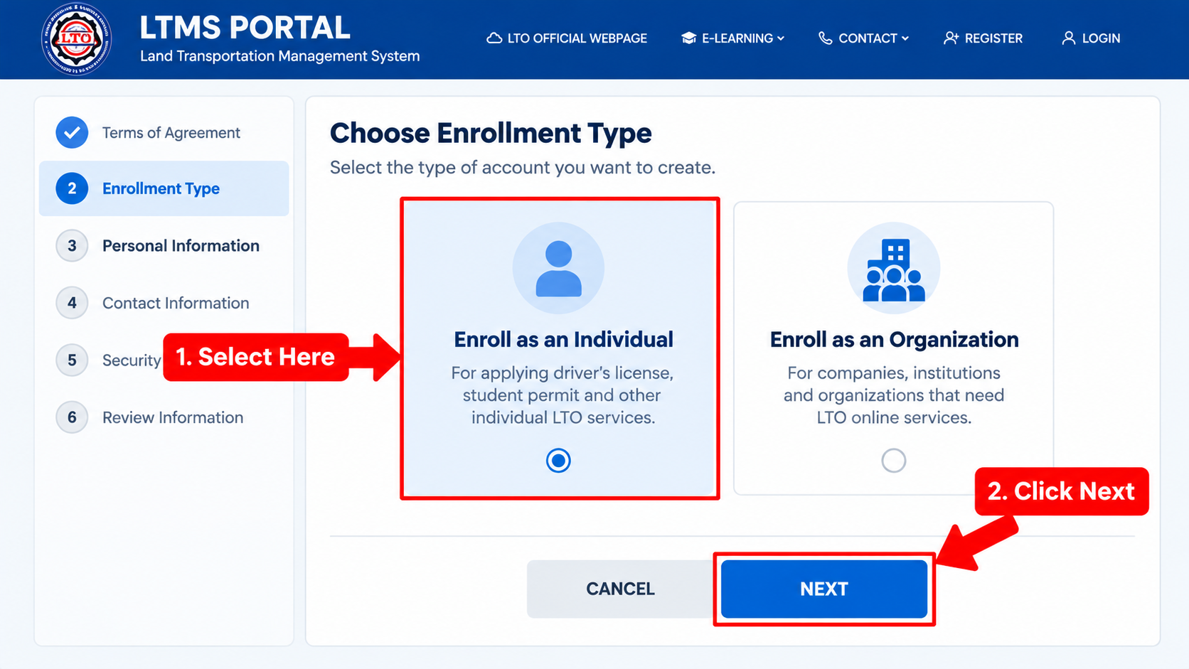 LTMS enrollment type guide with individual registration highlighted