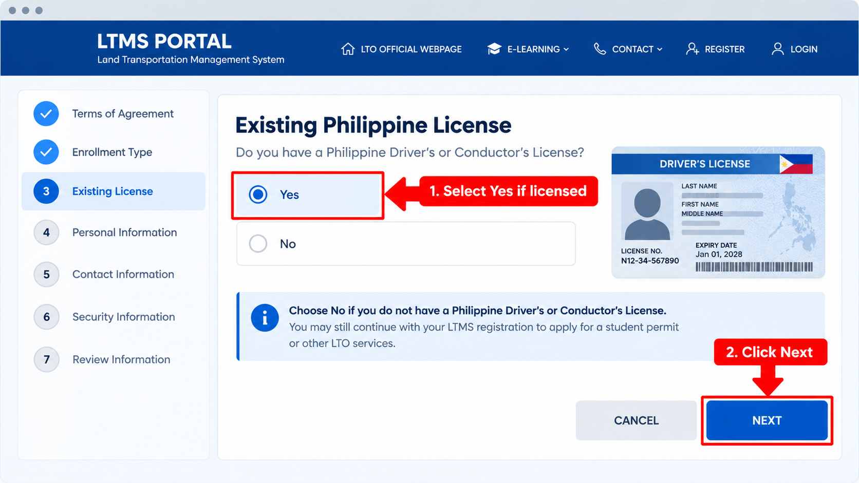 LTMS registration guide showing existing driver's license Yes or No selection and Next button
