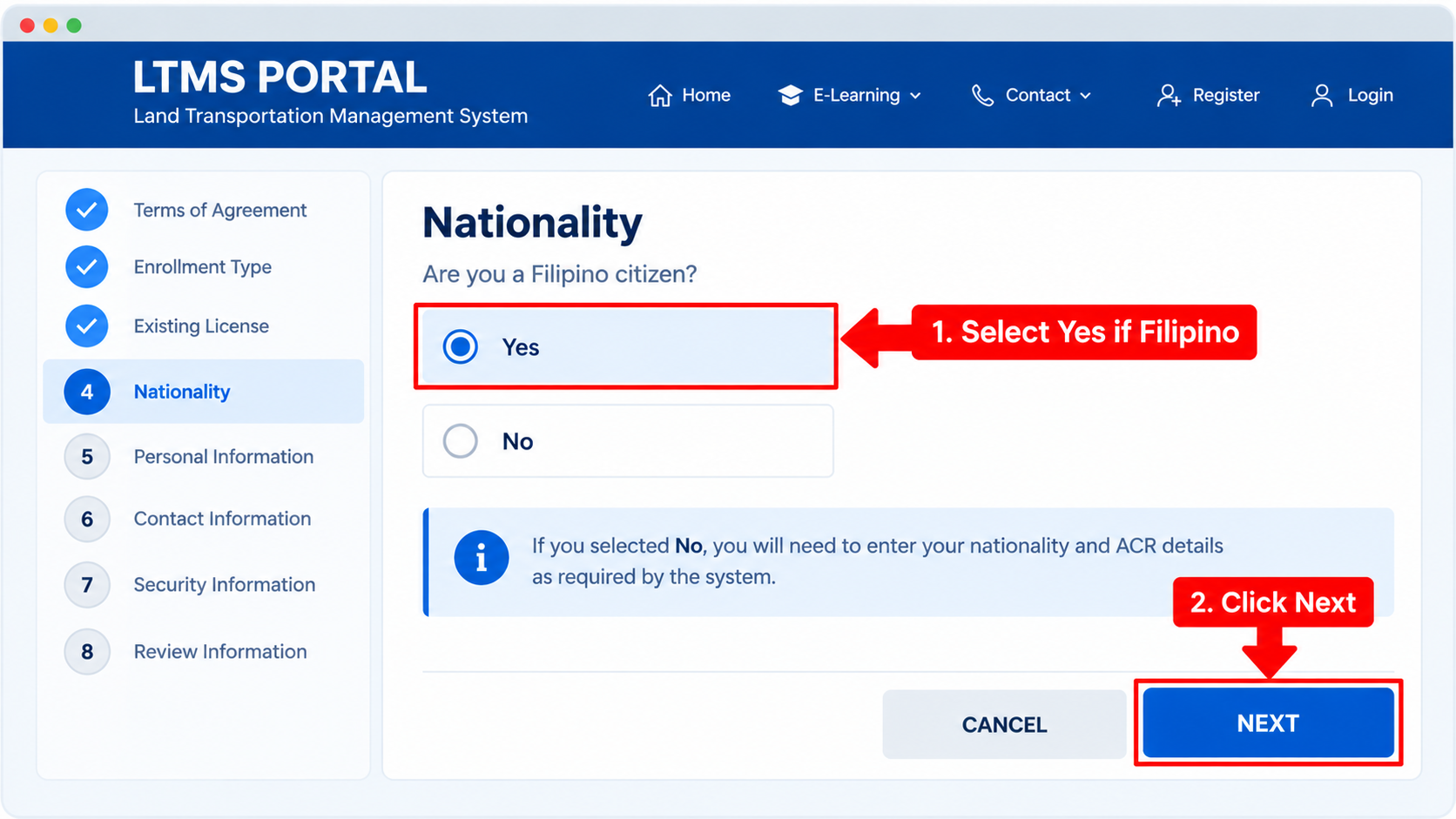 LTMS nationality selection guide showing Yes and Next buttons highlighted in red