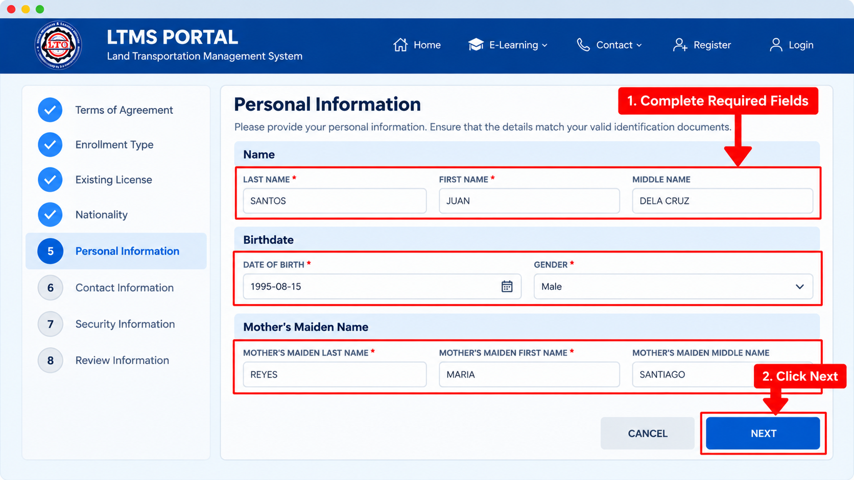 Illustrative LTMS personal information form with required fields and Next button highlighted