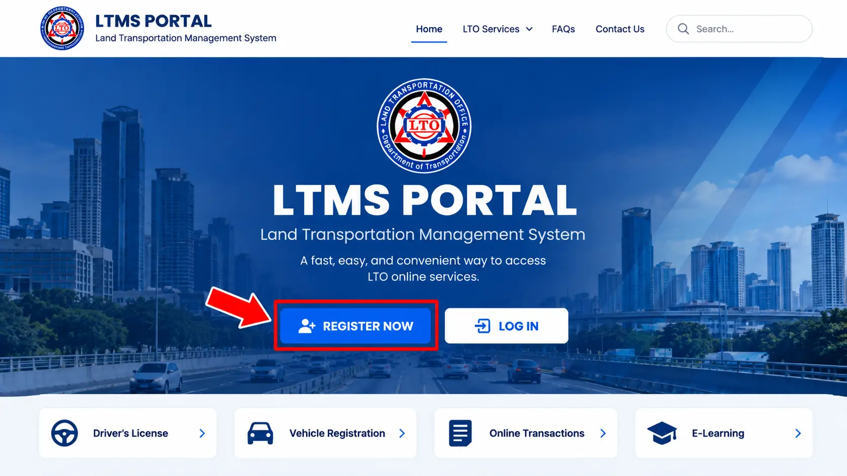 Illustrative LTMS Portal landing page highlighting Register Now