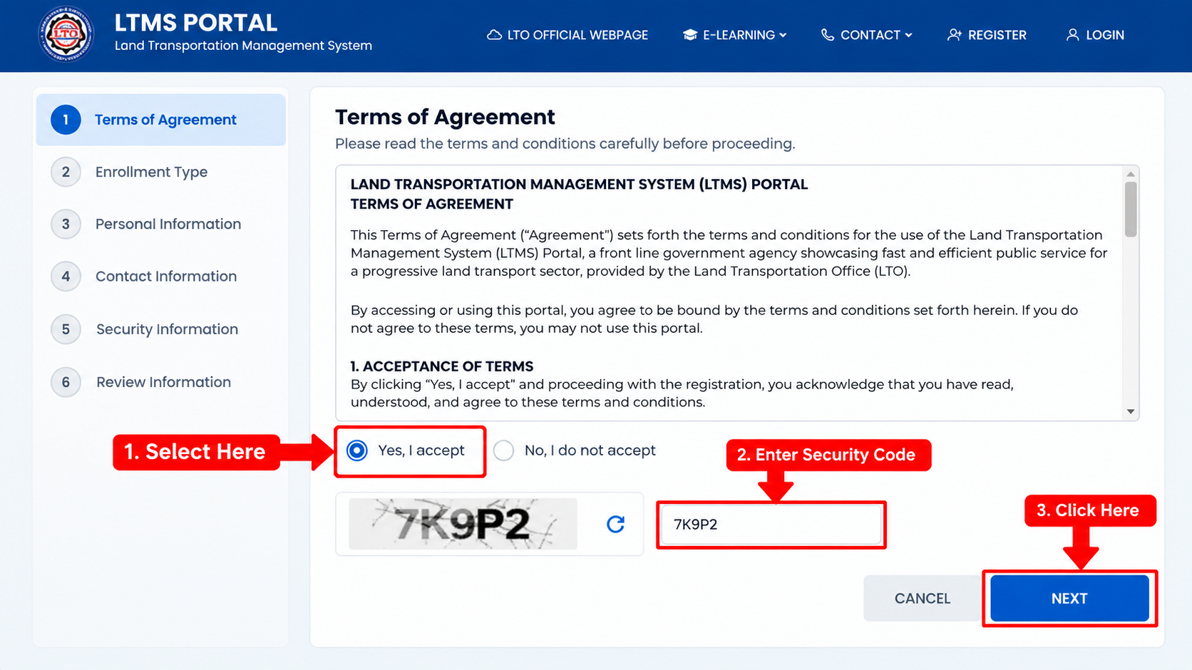 LTMS Portal Registration Step 2 - Terms of Agreement