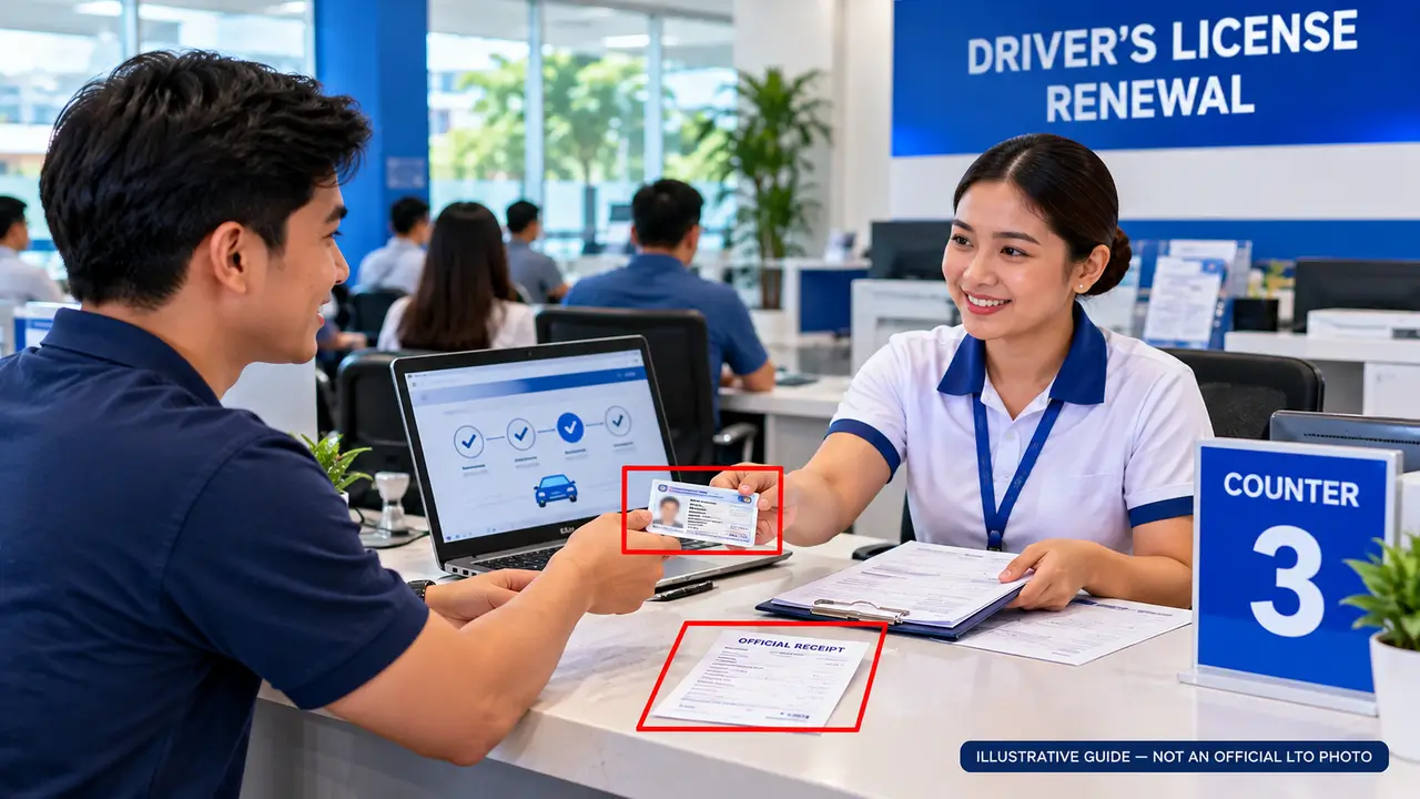 Illustrative driver's license renewal at a licensing service counter