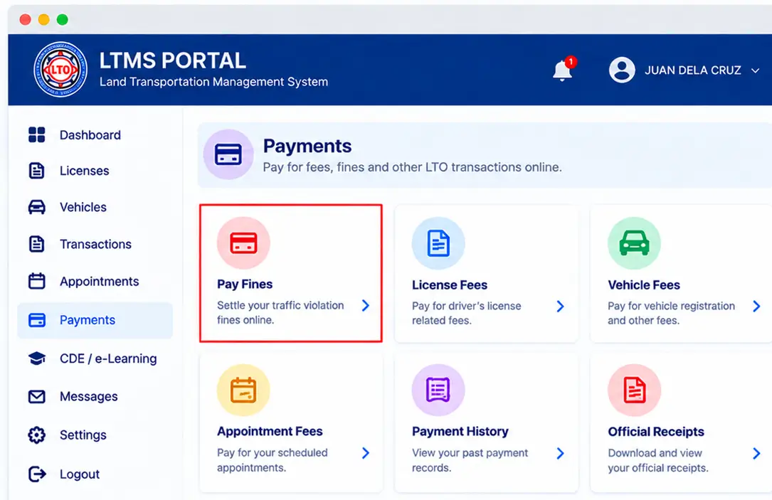 Illustrative LTMS payment services menu showing Pay Fines highlighted