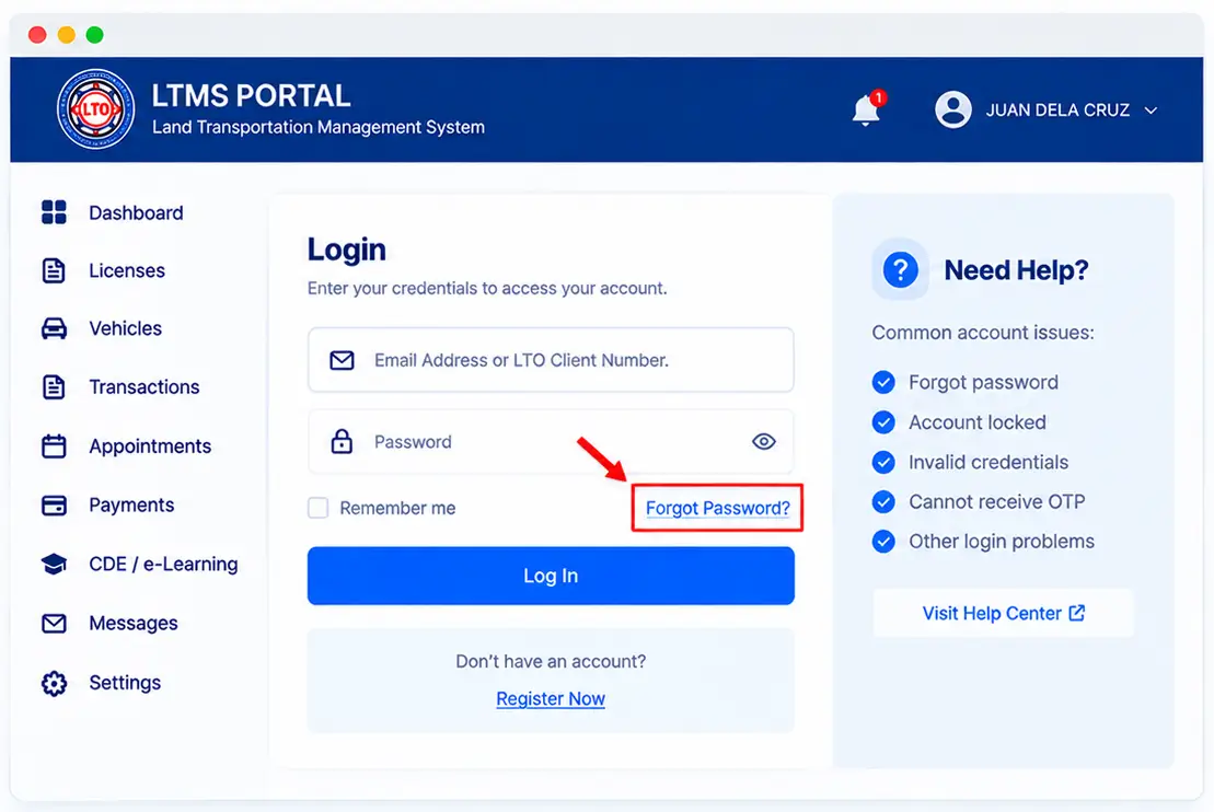 Illustrative LTMS login troubleshooting screen highlighting Forgot Password