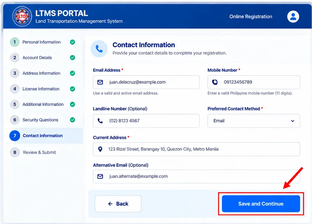 Illustrative LTMS Contact Information registration form with action button highlighted