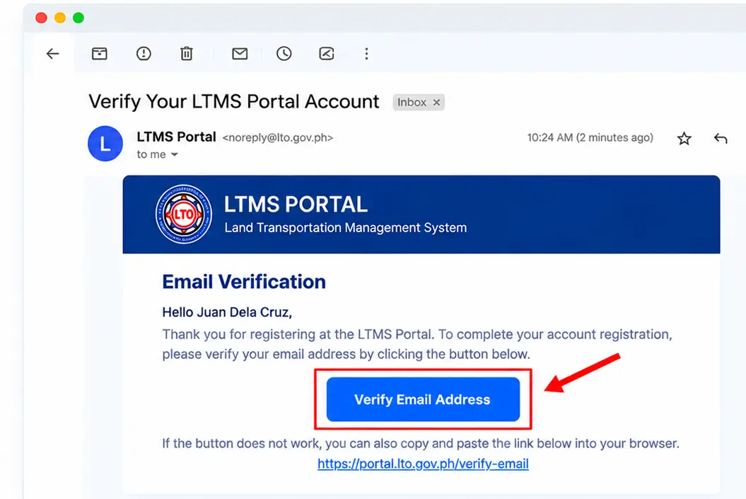 Illustrative LTMS email verification message with verification button highlighted