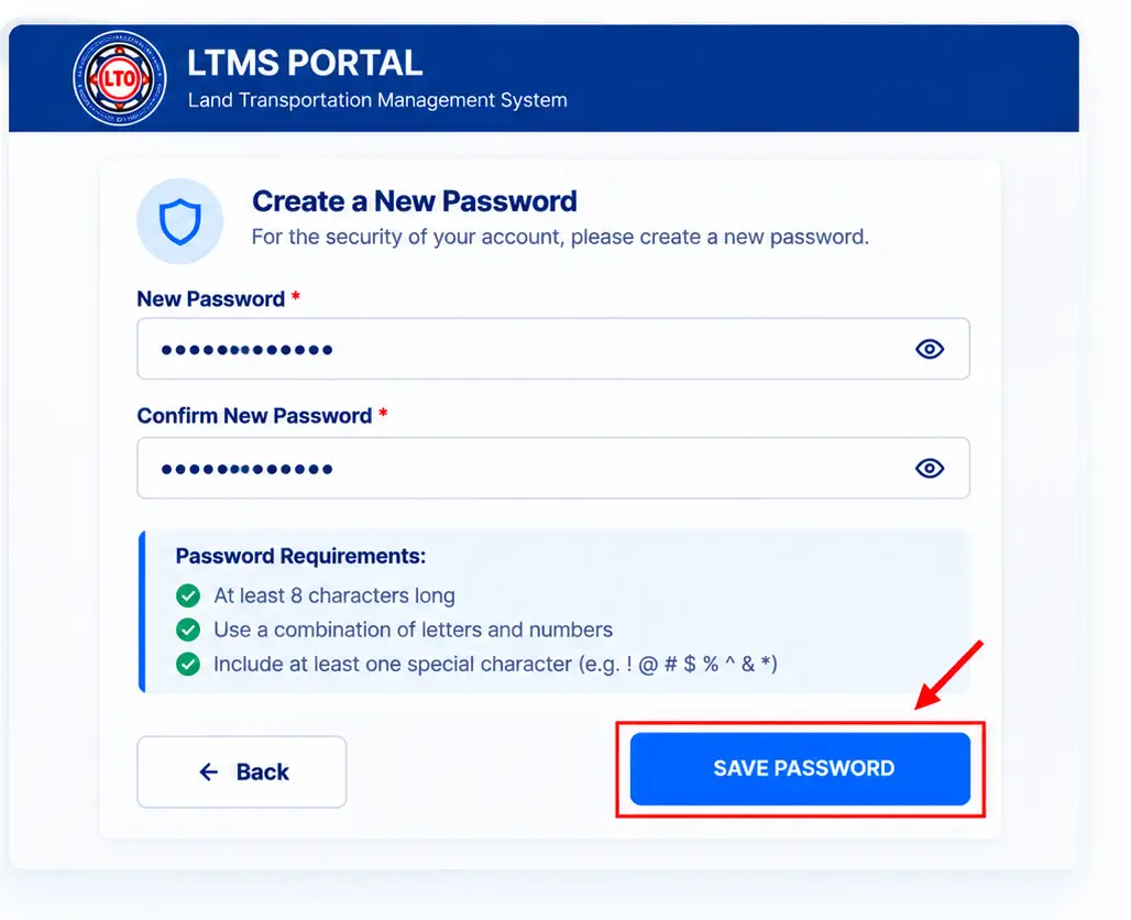 Illustrative LTMS password creation screen showing password fields and highlighted save button