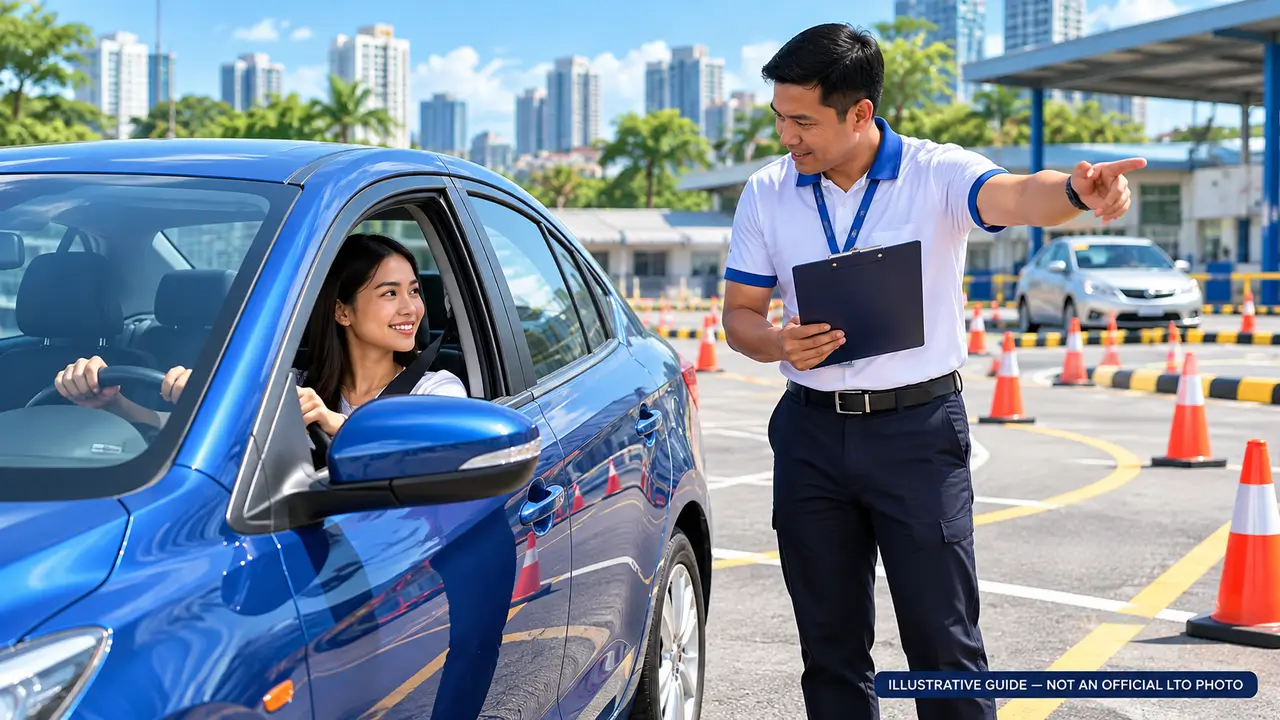 Illustrative practical driving lesson with instructor and learner vehicle
