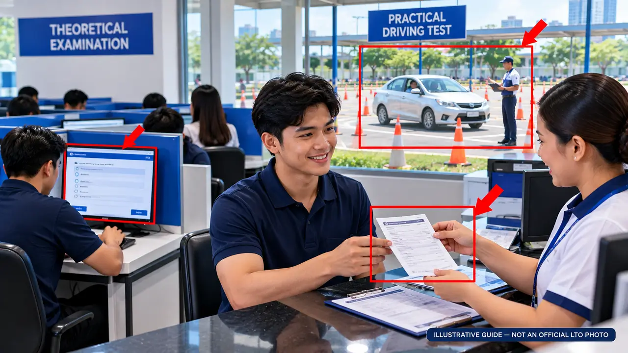 Illustrative driver's license theoretical exam, practical driving test and license processing