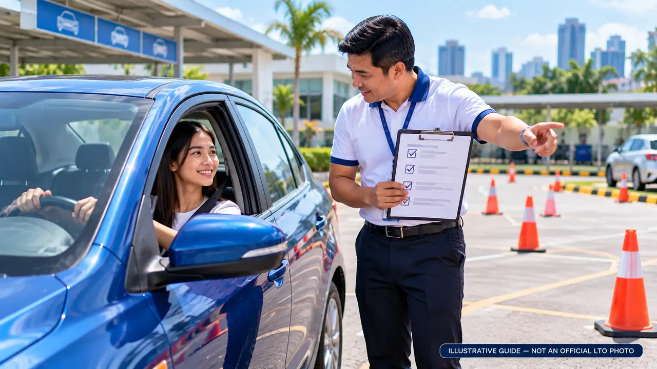 Illustrative driving instructor assisting an applicant preparing for a Non-Professional Driver's License