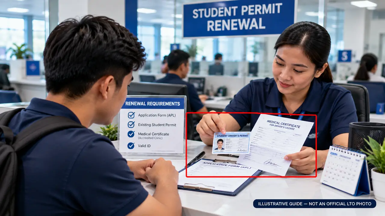 Illustrative Student Permit renewal documents being reviewed at an LTO-style service counter