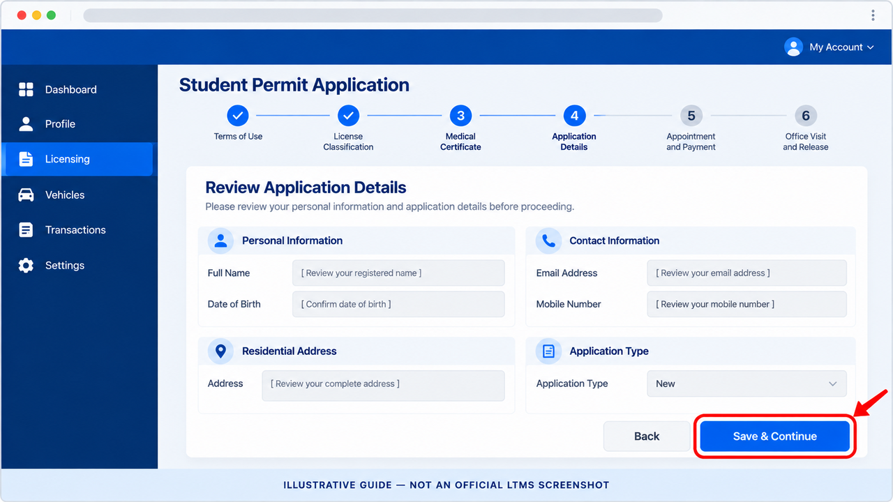 Illustrative Student Permit application details review screen with Save and Continue highlighted