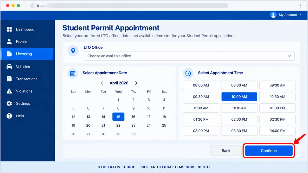 Illustrative Student Permit appointment page showing LTO office, appointment calendar, available time slots and Continue button