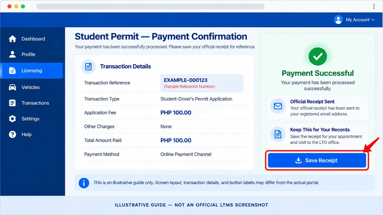 Illustrative Student Permit payment confirmation showing transaction details and receipt information