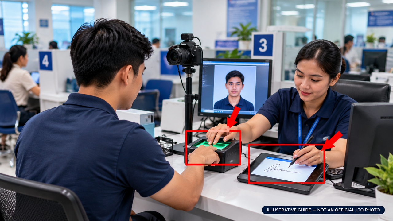 Illustrative LTO biometrics process with fingerprint scanner and signature tablet highlighted