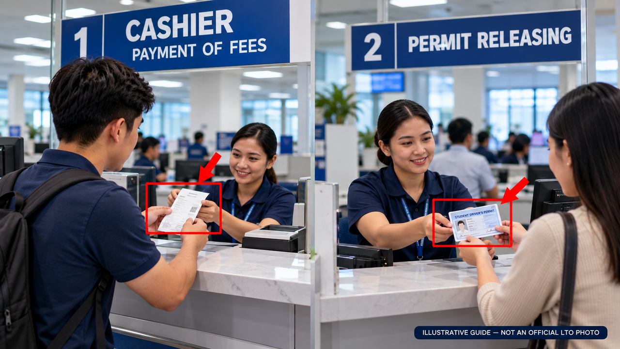 Illustrative licensing office showing cashier receipt and Student Permit release